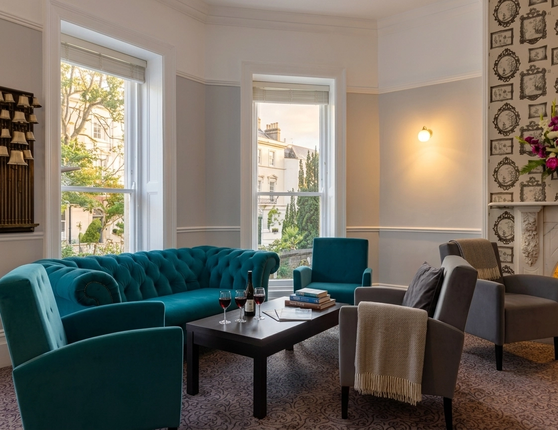 Elegant Victorian lounge with velvet sofas at The Valley of Rocks Hotel